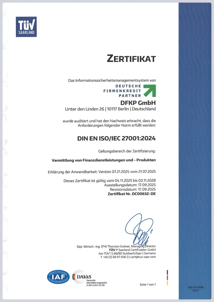 Zertifikat Informationssicherheit TÜV Saarland DIN EN ISO/IEC 27001:2024